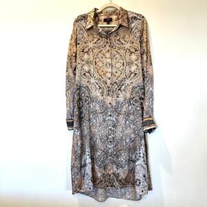 NWT Hale Bob Satin Silk Long Sleeve Collared Midi Shirt Dress Large